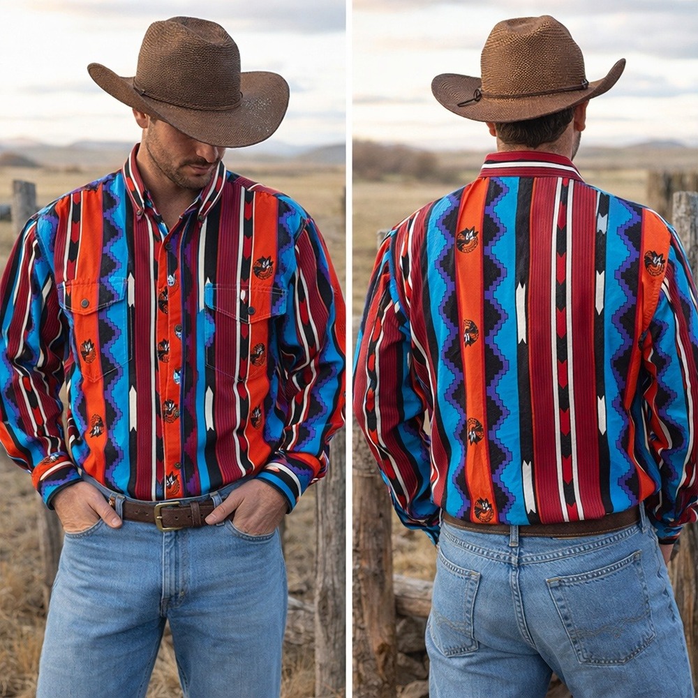 Vintage Wrangler Brushpopper Aztec Western Shirt L 16x35 Cowboy Cut USA Red Blue